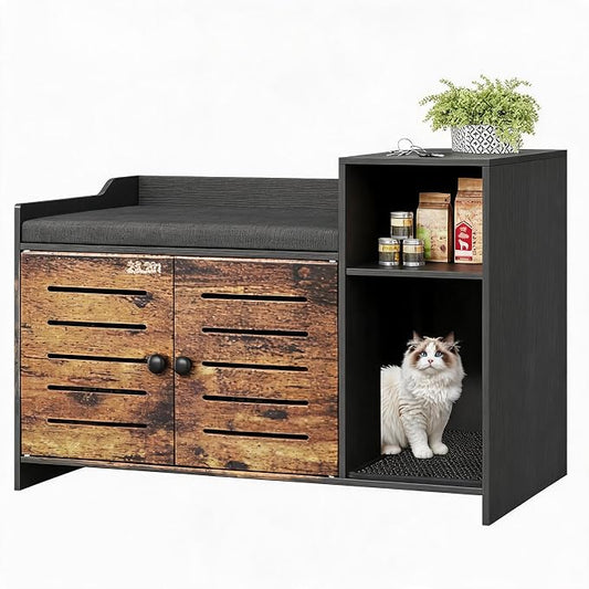 Hidden Cat Litter Box Enclosure Cabinet with Mark Pad – Farmhouse Indoor Cat House Furniture, Storage Shelf, Odor Control – Discreet Kitty Litter Box for Hallway or Bedroom, Black and Brown