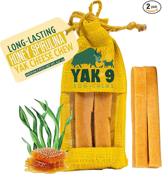 Yak9 Himalayan Yak Cheese Dog Chews, Honey & Spirulina | High Protein Treats, High Fiber, Rawhide Free, Long Lasting Treats | Medium Flavored Yak Chews, 2 PC