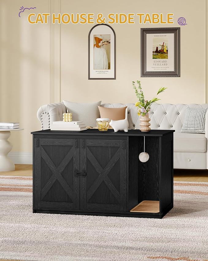 Hzuaneri Cat Litter Box Enclosure, Hidden Litter Box Cabinet Furniture with Bell, Indoor Cats House, Farmhouse Style, 39.4 x 21.7X 24.8 Inches for Hallway, Bedroom, Black CB85204X