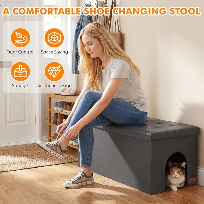 Cat Litter Box Enclosure Furniture for Odor Control, Hidden Cabinet Cat Litter Box Furniture Ottoman with Flip-Up Lid,Cats Litter Box Bench with Storage Space, Dog Proof (Gray-Faux Leather, X-Large)