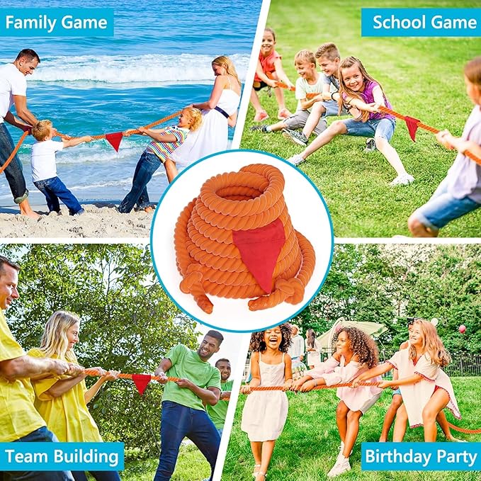 X XBEN Tug of War Rope with Flag for Kids 20FT, Teens and Adults, Soft Cotton Rope Games for Team Building Activities, Family Reunion, Birthday Party