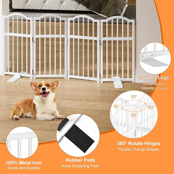 Snughome Dog Gate Indoor, 23.62" H Freestanding Short Dog Door Gates with Support Feet, Expands Up to 48’’ Wide Foldable Pet Gates for Doorways, 4 Panel Folding Pet Door Pet Fence for Puppy, White