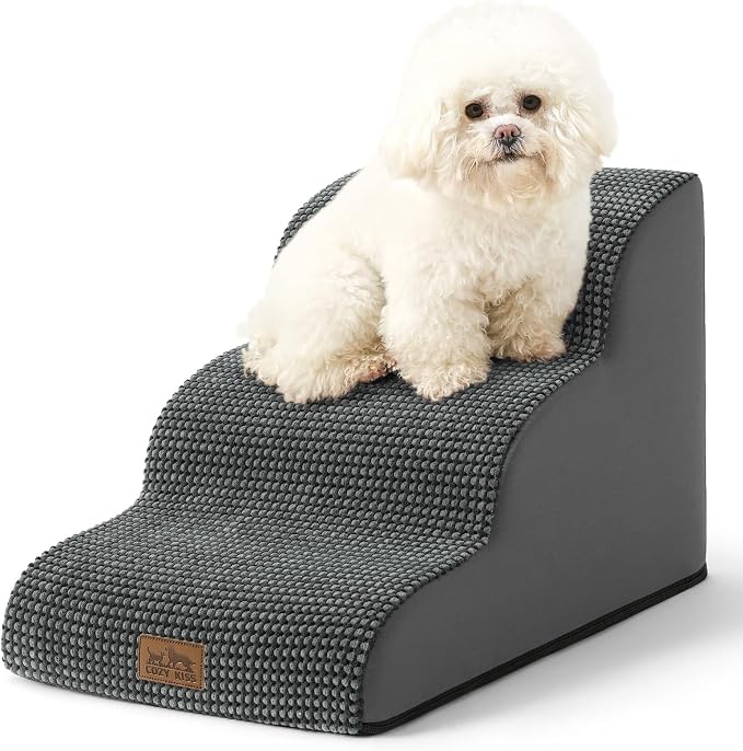 COZY KISS Dog Stairs for Small Dogs 15.7" H, Curved Dog Step for Puppy, Older Cat, Medium Pet Ramp for Sofa, Couch or Chair, Ladder with High Density Foam, 3 Step, 15.7x22.4x15.7 inch, Charcoal Grey