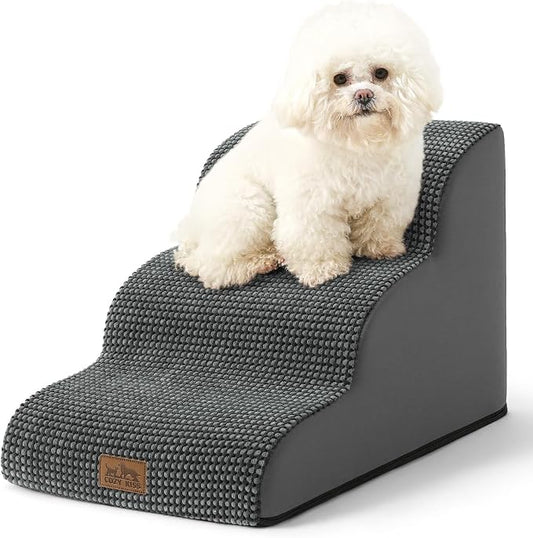 COZY KISS Dog Stairs for Small Dogs 15.7" H, Curved Dog Step for Puppy, Older Cat, Medium Pet Ramp for Sofa, Couch or Chair, Ladder with High Density Foam, 3 Step, 15.7x22.4x15.7 inch, Charcoal Grey