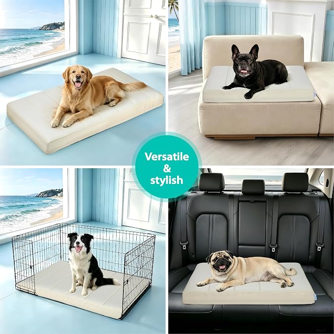Cooling Dog Bed for Large Dogs - Orthopedic Pet Beds with Memory Foam, QMAX>0.5, Waterproof Removable Washable Cover for Hot Weather, Dark Beige, 35" L x 23" W x 3" H