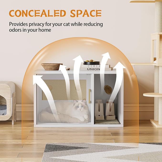 Cat Litter Box Enclosure, Hidden Litter Box Furniture with Door & Bell, Pet House Fit Most of Litter Box, White