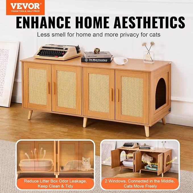 VEVOR Cat Litter Box Enclosure for 2 Cats, Litter Box Furniture Hidden with Double Rooms, Wooden Cat Box Cabinet Fit Most of Litter Box