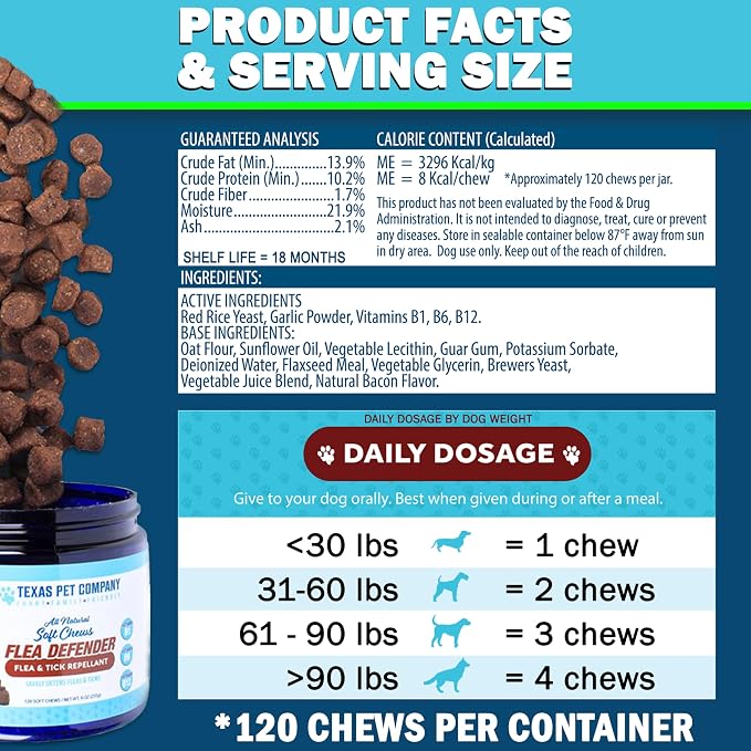 Texas Pet Company Flea and Tick Prevention for Dogs Chewables - Natural Dog Fleas & Ticks Treatment Chewable Supplement - Oral Pills - All Breeds & Ages - USA Made 120 Soft Chews Flea Defender