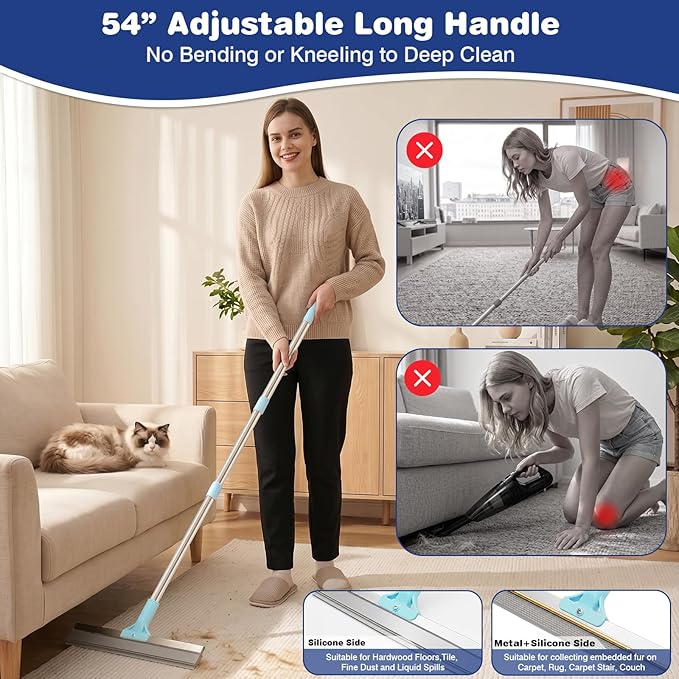 Carpet Rake for Pet Hair Removal: Adjustable 54" Handle No Bending | 3 in 1 Pet Hair Removal Tool Upgraded Silicone Metal Deep Clean Dog Cat Fur Remover Broom Reusable for All Rugs Couch Stairs