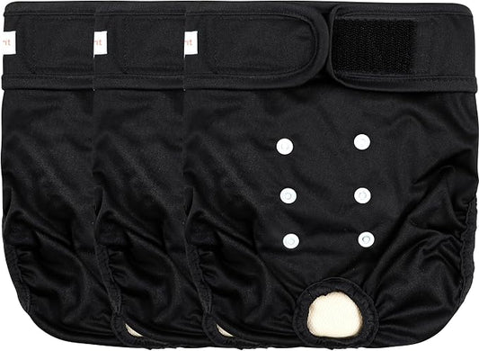 Langsprit Washable Female Dog Diapers (3 Pack) - No Leak Reusable Diapers for Doggy Female in Period - Highly Absorbent Dog Heat Panties with Adjustable Snaps Black L Size
