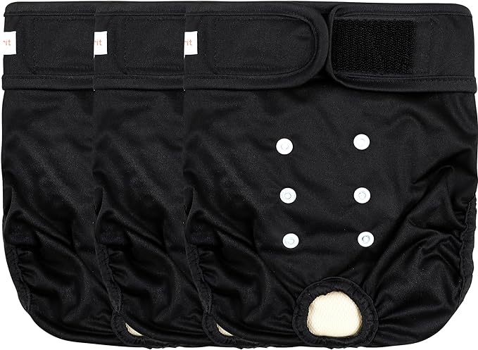 Langsprit Washable Female Dog Diapers (3 Pack) - No Leak Reusable Diapers for Doggy Female in Period - Highly Absorbent Dog Heat Panties with Adjustable Snaps Black XL Size