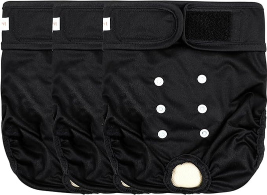 Langsprit Washable Female Dog Diapers (3 Pack) - No Leak Reusable Diapers for Doggy Female in Period - Highly Absorbent Dog Heat Panties with Adjustable Snaps Black XL Size