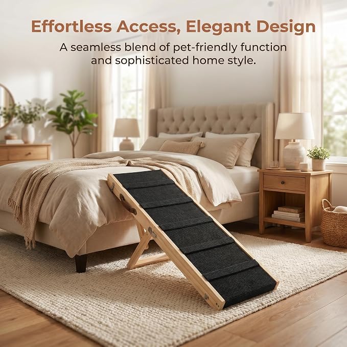 Wooden Dog Ramp for Bed and Couch, 4 Adjustable Heights Folding Pet Ramp with High Traction Fabric Surface, Portable Solid Pine Wood Dog Steps for Couch, Max 25KG (Trumpet)