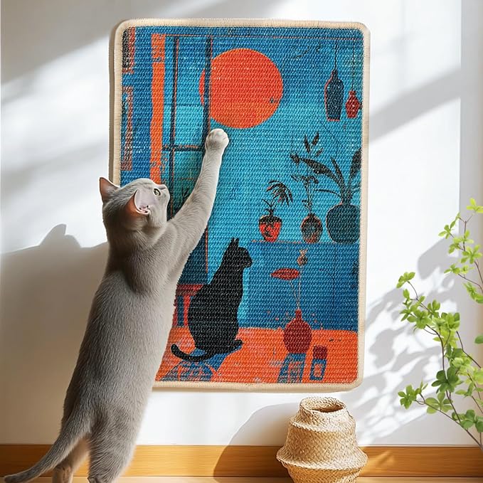 3-in-1 Sisal Cat Scratcher Mat 23.6x15.7'' – Floor & Wall Use with Sticker Tape, Protects Furniture, Couch & Carpet, Anti-Slip, Pet-Safe, Durable Scratch Rug Mat or Indoor/Outdoor Cats, Blue Silence
