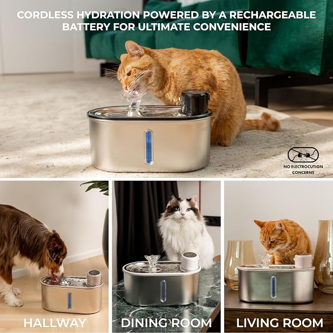 Wireless Cat Water Fountain Stainless Steel 108oz/3.2L | 5200mAh Battery, 50-Day Autonomy, Motion Sensor, Ultra Quiet, BPA-Free, Multi-Filtration - Black
