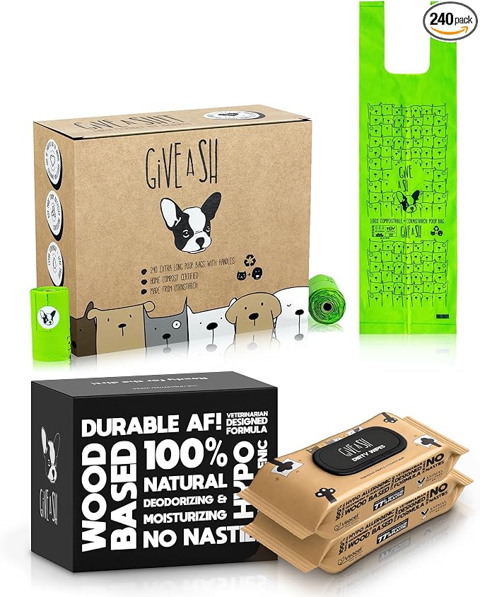 240 Handled Compostable Dog Poop Bags and 200 Plant-Based Pet Wipes – Champion Animal Welfare & The Planet