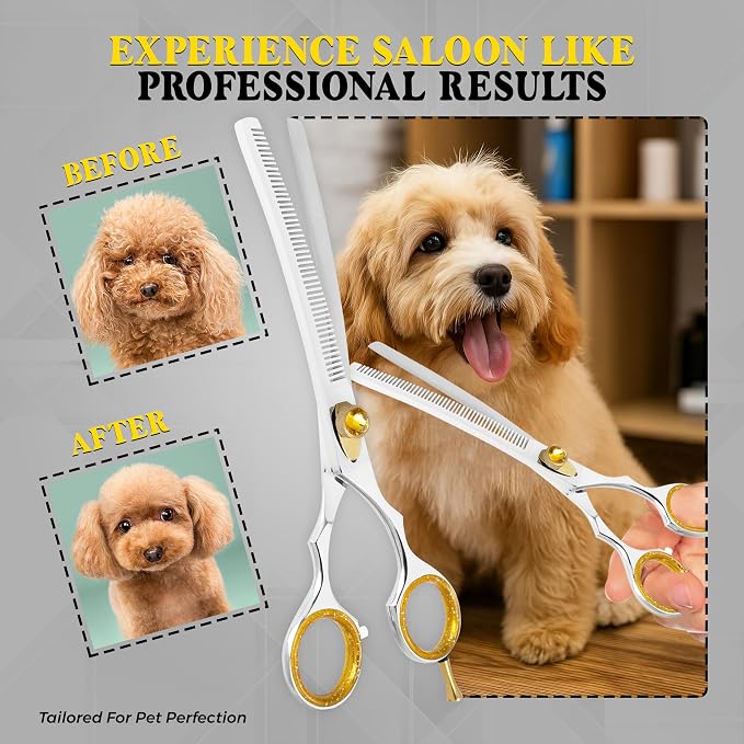 7.5” Curved Thinning Shears for Dogs and Cats – 34 Tooth Professional Pet Grooming Scissors – Smooth, Quiet Blending Shears for Face, Ears, Chest and Legs, Ergonomic Design for Home and Pro Use