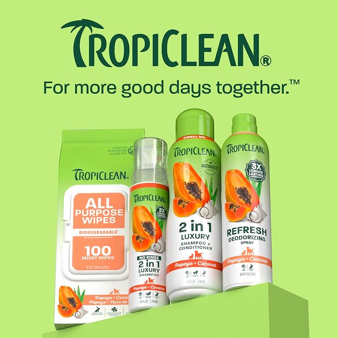 TropiClean 2-in-1 Dog Shampoo and Conditioner, Long Lasting Papaya Scent, Moisturizing Dog Detangler, Puppy & Kitten Safe, Made in the USA, 20oz.