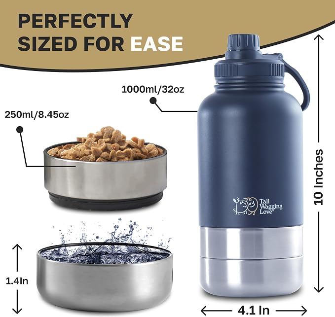 32oz 3-in-1 Portable Travel Water Bottle, Food & Hydration Bottle - Dual Use for Humans & Pets with Detachable Bowls, Stainless Steel, Keeps Water Hot for 6hrs & Cold for 12hrs
