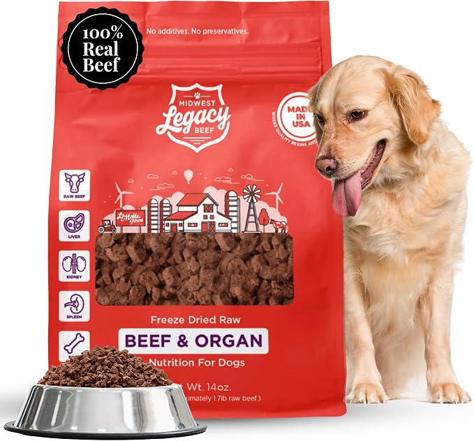 Freeze Dried Raw Beef & Organ Raw Dog Food, 80/10/10 Recipe with Beef, Organs & Ground Bone, High Protein Grain Free Freeze Dried Dog Food Topper for Dog's of All Life Stages, Made in USA, 14 Oz