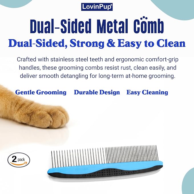 Pet Metal Comb for Dogs and Cats (2-Pack) - Stainless Steel Rounded Teeth for Painless Detangling - Dual-Spacing for Small & Large Pets with Comfort Grip Handle - Professional Grooming Tools