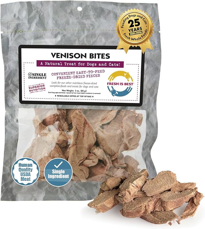 Fresh Is Best Freeze Dried Dog Treats – Raw Freeze Dried Venison Dog Food for Cats & Canines – Training Treat in Resealable Zipper Bag – High-Protein Venison Bites – Made in the USA