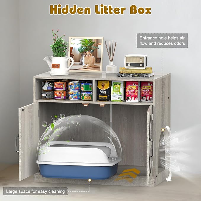 Hidden Cat Litter Cabinet Ultra-Large Wooden Enclosed Litter Box Fumiture 2-Door Storage Cabinet 2 Open Drawers 1Air Vents Cat Litter Furniture Fit Most of Litter Box.(Gray, No Drawers)