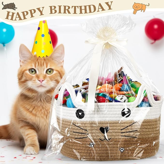 Zopeal 76 Pcs Graduation Cat Storage Basket Gift Toys Set Interactive Cat Toys Kitten Wand Colorful Flashing Balls Pet Crinkle Balls Attract Kitten to Swat, Hunt for Pet Indoor(Khaki)