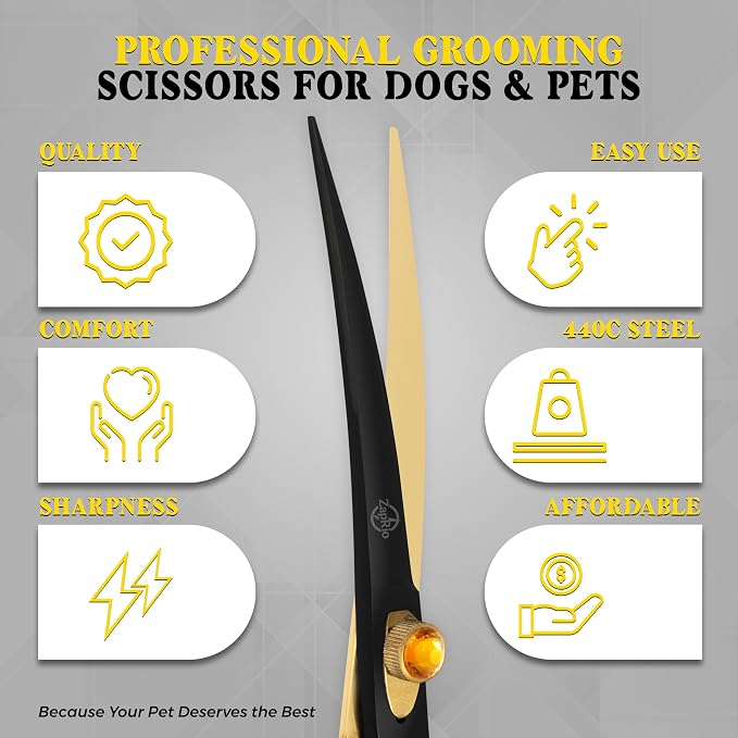 7.5 Inch Curved Grooming Scissors for Dogs and Cats – Professional Pet Grooming Shears for Face, Paws, Body and Tail – Sharp, Smooth, Ergonomic Curved Blades for Salon Groomers and Home Use