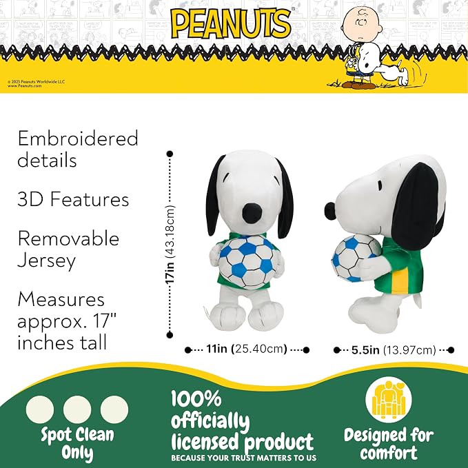 Peanuts Snoopy Soccer Plush Cuddle Pillow Buddy, Kids Bedding Super Soft Sports Pillow, 17" Tall, 2026 World Soccer Tournament (Officially Licensed Product) by Franco Collectibles