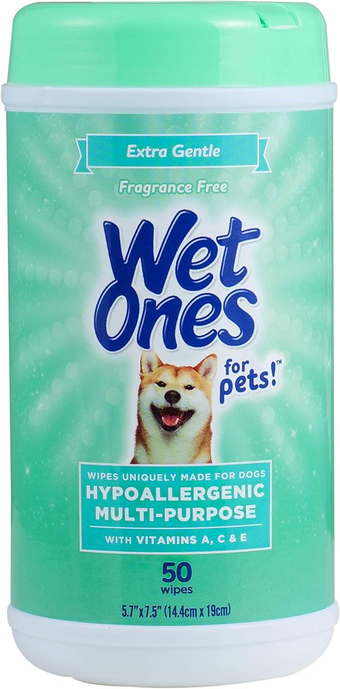 Wet Ones for Pets Hypoallergenic Multipurpose Dog Wipes with Vitamins A, C and E - Fragrance-Free All-Over Pet Grooming Wipes for Dogs in Canister, 50 Count