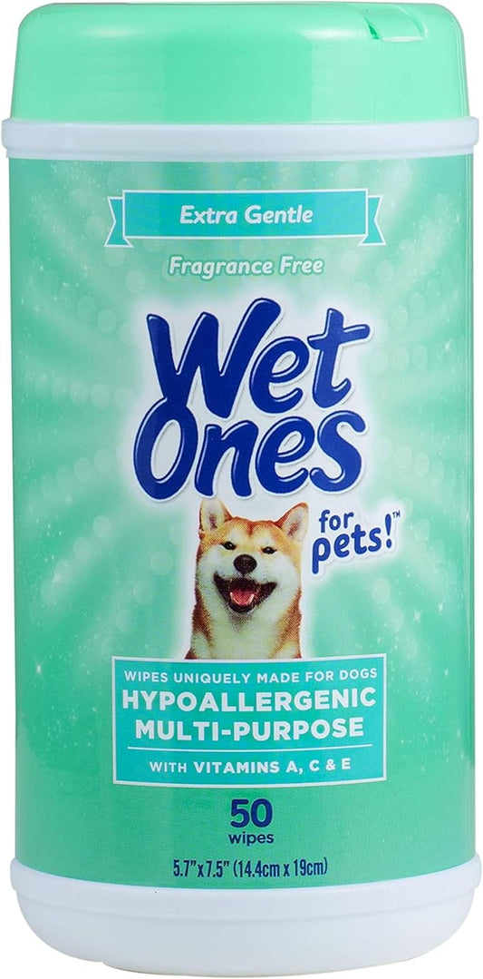 Wet Ones for Pets Hypoallergenic Multipurpose Dog Wipes with Vitamins A, C and E - Fragrance-Free All-Over Pet Grooming Wipes for Dogs in Canister, 50 Count