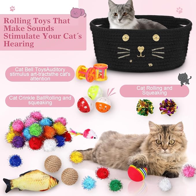 Zopeal 58 Pcs Summer Graduation Cat Storage Basket Gift Toys Set, Colorful Flashing Balls Pet Bell Crinkle Balls Spring Toys Attract Cat to Swat, Hunt, Interactive for Pet(Black,9.8 Inch)