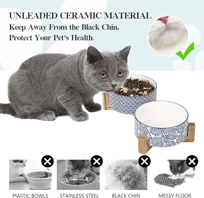 Selamica Ceramic 30 OZ Dog Bowls with Wooden Stand, Anti-Slip Dog Dishes Set for Cats & Small Dogs, Weighted Pet Bowls Set of 2, Vintage Blue