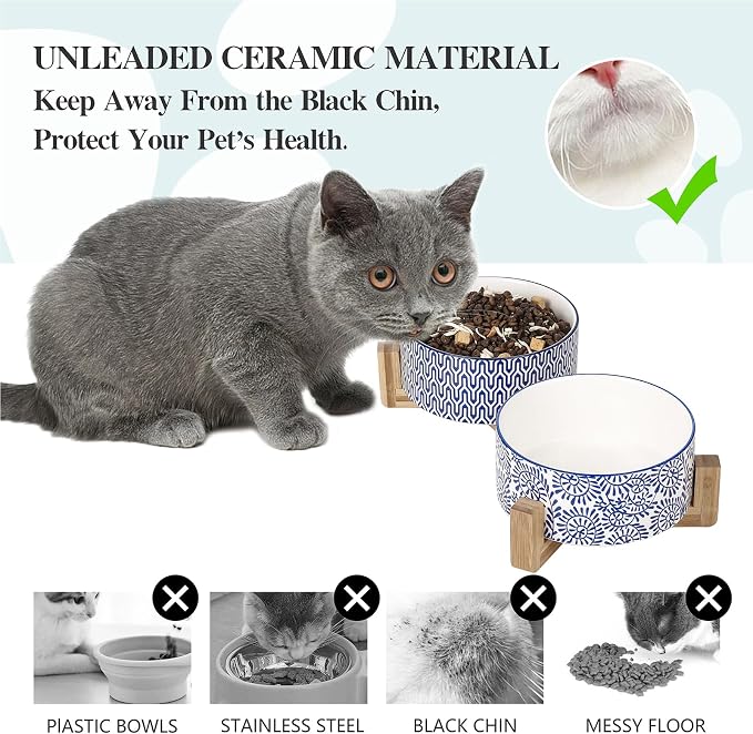 Selamica Ceramic 14 OZ Dog Bowls, Dog Food and Water Bowls with Wooden Stand, Anti-Slip Dogs Dishes Set for Cats & Small Dogs, Weighted Pet Bowls Set of 2, Vintage Blue B