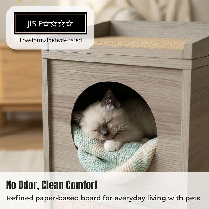 Meowdium Cat House for Indoor Cats – Cat Condo with 5X Longer-Lasting Cardboard Scratcher, 2 Scratcher Levels, Hideout & Top Lounge, Gray