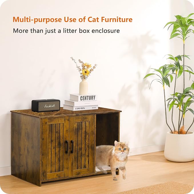 DWANTON Litter Box Enclosure, Cat Litter Box Furniture Hidden, with Scratching Mat, Wooden Cat Washroom Indoor, 31.5" L x 19.7" W x 21.7" H, Rustic Brown