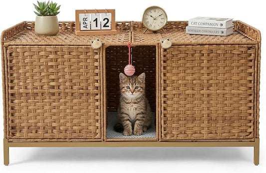 Cat Litter Box Enclosure Furniture, Handwoven Rattan Cat Houses, Hidden Cat Washroom Furniture with Door/Mat, Large Space Cat Houses with S-Shaped Hooks, Living Room, Bedroom, Natural