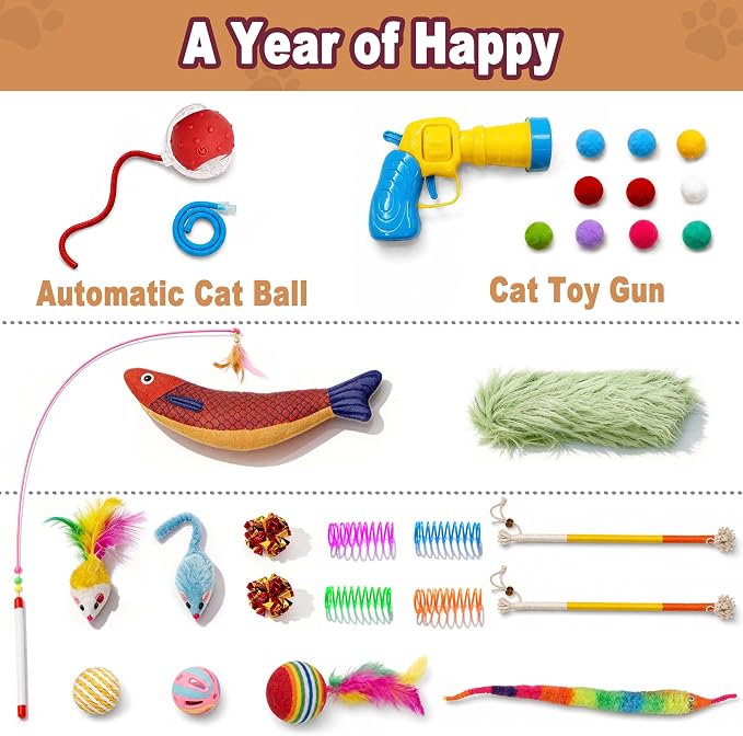 31 Pcs Interactive Cat Toys for Indoor Cats, Cat Tunnel with Moving Ball, Cat Toy Launcher, Catnip Toys, Chew Rope, Feather Wand, Springs and Balls for Indoor Kittens, White