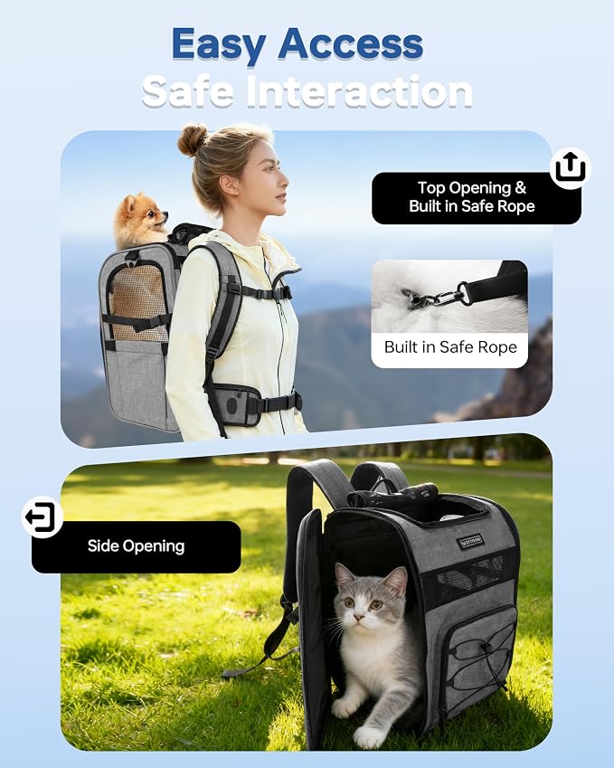 Hiking Dog Carrier Backpack, Adjustable Waist Cushioning Belt with Breathable Padded Back Support, Dog Carrier for Hiking with 5 Pockets, Dog Carrier Backpack for Small Dogs Max 13LB Grey