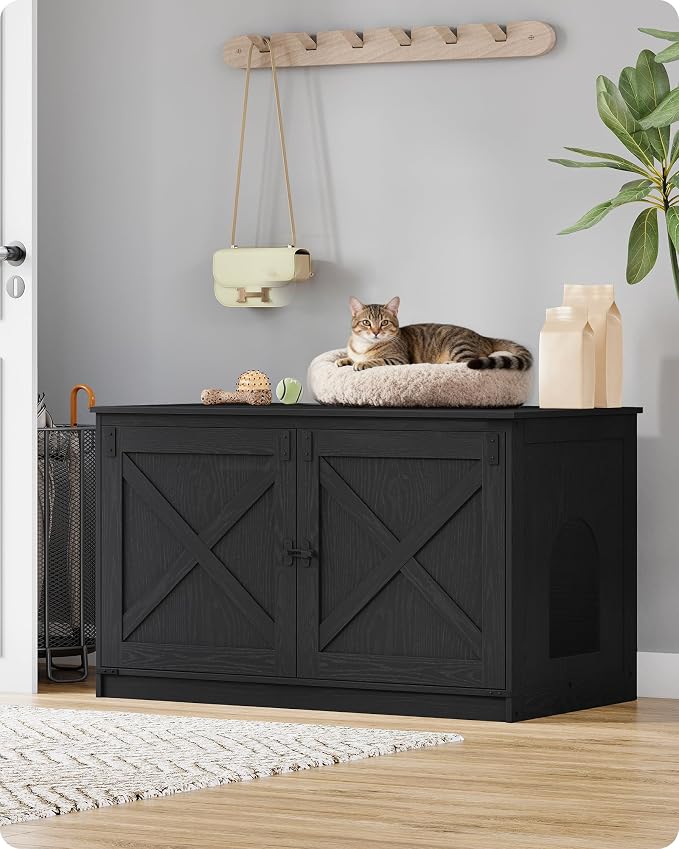 Hzuaneri Cat Litter Box Enclosure with Cushion, Hidden Litter Box Furniture with Removable Dividers, Reversible Entrance Left or Right Side, Cat House, Black CB84704X