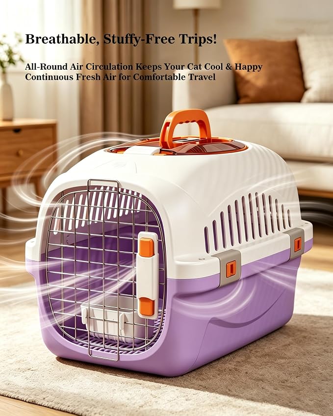 Cat Carrier Airline Approved, Portable Pet Travel Crate with Anti-Stress Design for Cats & Small Dogs, Car Safe Kennel with Top Window (Purple)