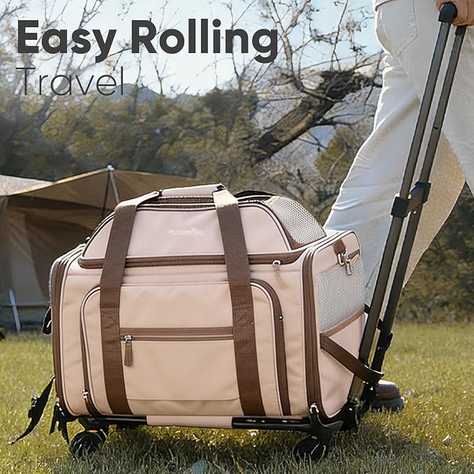 FUKUMARU Cat Carrier with Wheels, 18x11x11 Expandable Soft Cat Travel Carrier, Airline Approved Dog Carrier, Sturdy Rolling Cat Carrier with Anti-Scratch Mesh, Escape-Proof Pet Carrier for Cat, Pink