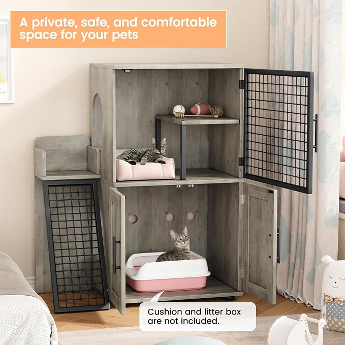 Cat Litter Box Enclosure Furniture with Double Layer Design, Hidden Litter Box & Lounge Villa for Indoor Cats - Includes Ladder, Platform, and Washroom Space for Living Room, Gray