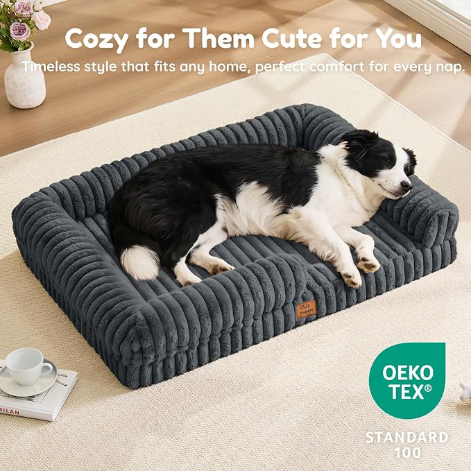 Orthopedic Dog Bed for XL Dogs, Washable Dog Bed with Faux Rabbit Fur Waterproof Cover, High Density Egg Crate Foam Support with 3-Sided Bolsters for Senior Dogs, Non-Skid Bottom, 41x30x7, Dark Grey