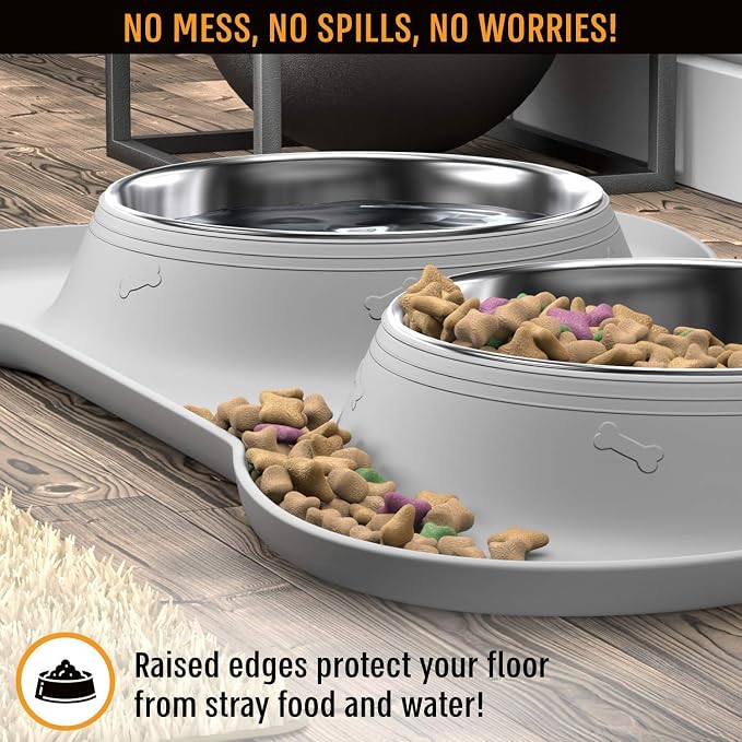 Active Pets Dog Bowl Set, Stainless Steel No Spill Mess-Proof Food & Water Food Bowls with Skid Resistant Silicone Mat, Dog Bowls Small Size Dog, Medium, & Large, Pet Puppy Bowls & Dishes