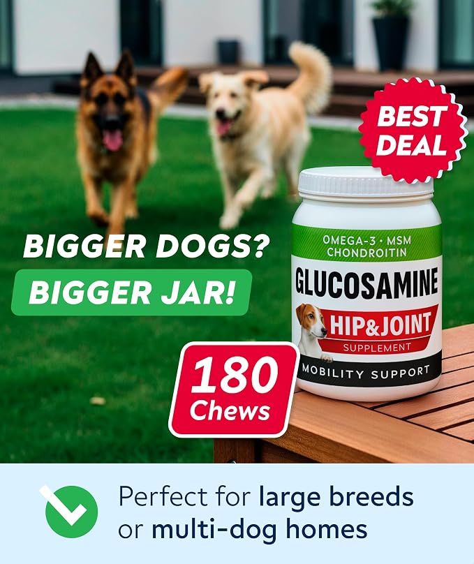 Glucosamine Treats for Dogs - Joint Supplement w/Omega-3 Fish Oil - Chondroitin, MSM - Advanced Mobility Chews - Joint Pain Relief - Hip & Joint Care - Peanut Butter Flavor - 180 Ct - Made in USA