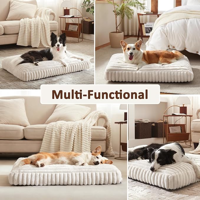Dog Bed for Large Dogs, Orthopedic Dog Beds Washable with Removable Cover, Extra Thick Crate Bed Pet Mat with Shredded Chopped Foam & Anti-Slip Bottom, 35"x23"x4", Cream