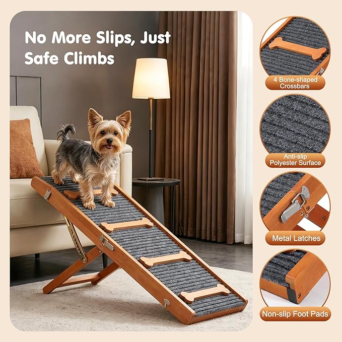 Pawaboo 2026 Upgraded Dog Ramp for Couch, Foldable Small Dog Ramp for Sofa with 7 Adjustable Heights from 2.2'' to 18.5", Portable Non-Slip Pet Ramps for Couch Sofa, Walnut