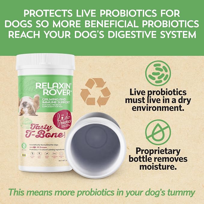 Fidobiotics Relaxin’ Rover Calming Supplement, Probiotics for Dogs with Valerian, Chamomile & GABA for Stress & Anxiety Relief, Tasty T-Bone Flavor 20 Servings